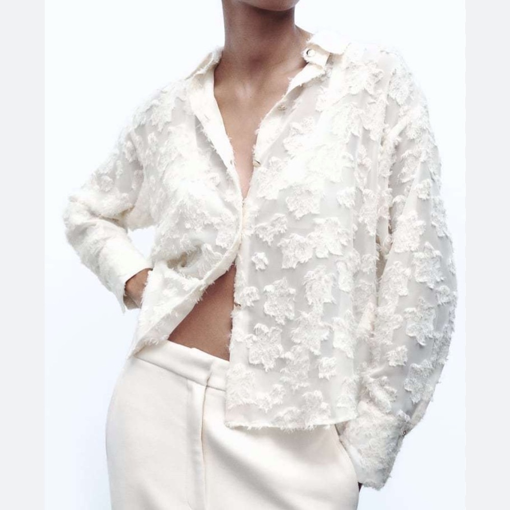 Zara Textured Semi sheer Ivory Button Down Shirt